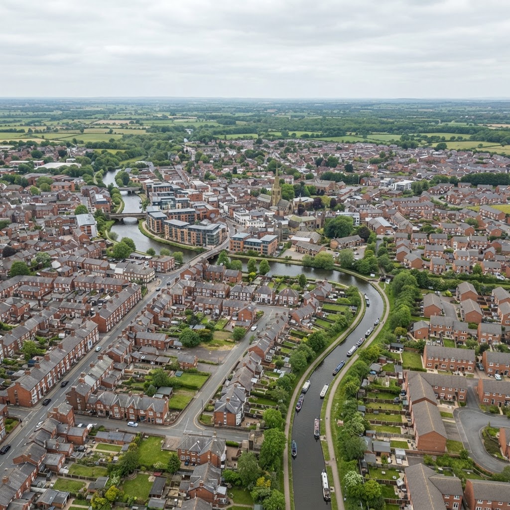 Northwich, Cheshire, a market town showing a mix of Victorian red-brick terraces, inter-war semis and modern housing estates with tiled pitched roofs, the River Weaver and Trent and Mersey Canal winding through
