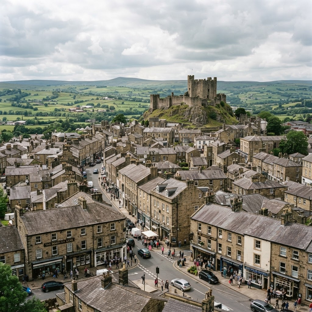 Clitheroe, Lancashire, a historic market town showing a mix of stone-built Georgian and Victorian properties with slate and tiled pitched roofs and chimney stacks, the landmark Clitheroe Castle keep on a limestone hill in the background, rolling Ribble Valley countryside surrounding the town