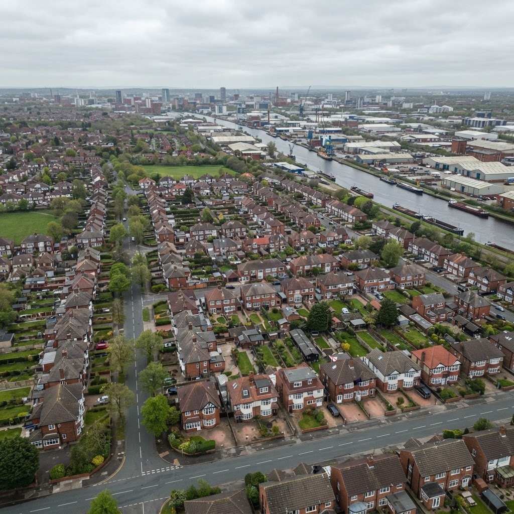 Urmston, Greater Manchester, showing suburban streets of inter-war and post-war semi-detached houses with tiled pitched roofs and some dormer windows, the Manchester Ship Canal and industrial edge visible nearby