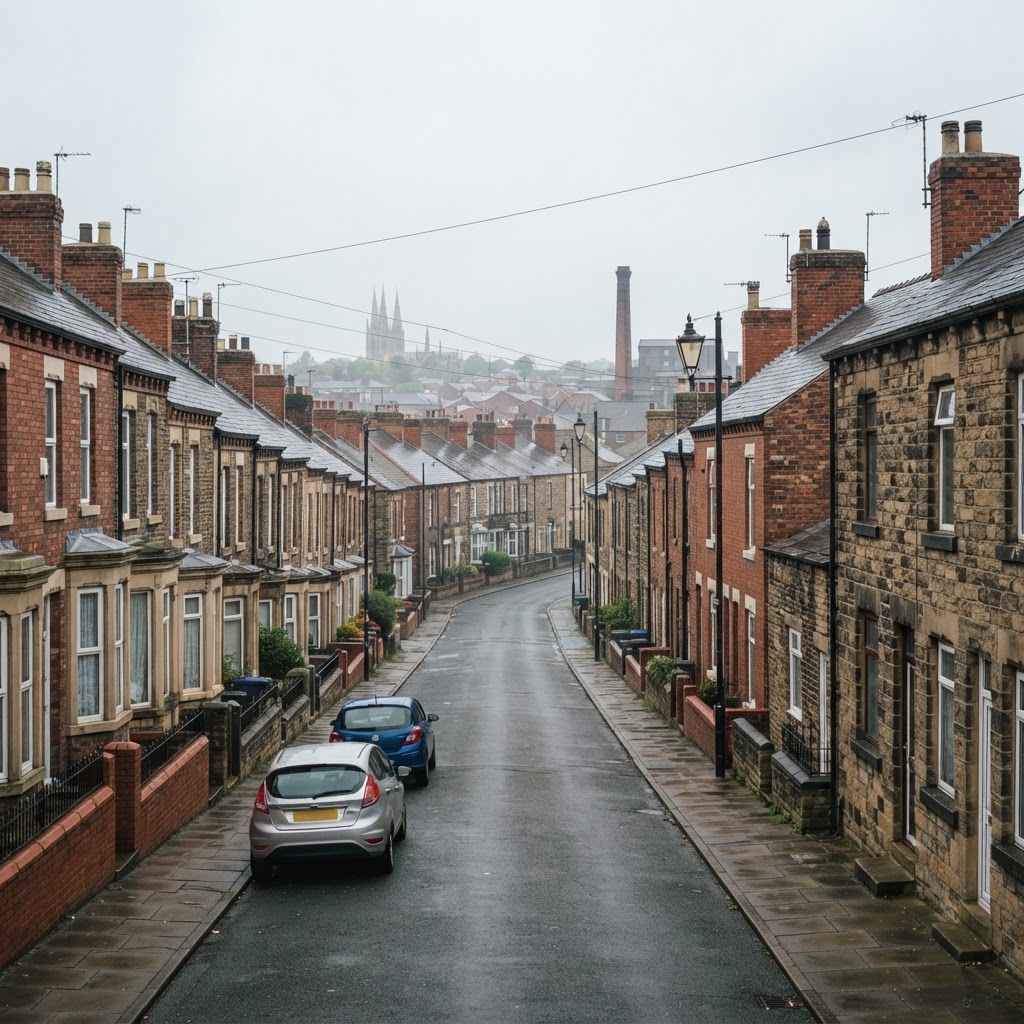 Rotherham rows of Victorian and Edwardian brick-built terraced housing and industrial-era stone-built housing with pitched slate roofs and chimney stacks, former steel and market town streetscape