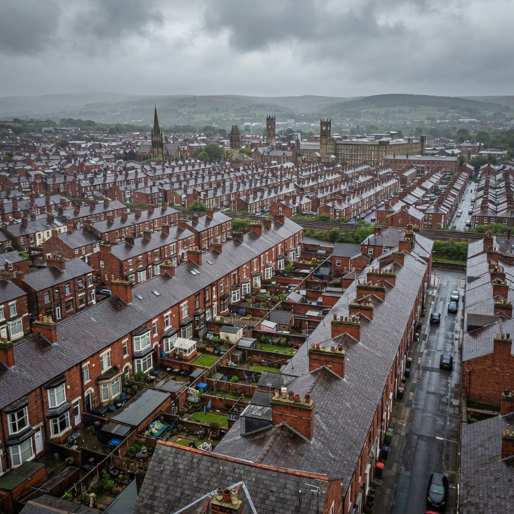 Redbrick Victorian terraced housing rooftops in Chorley