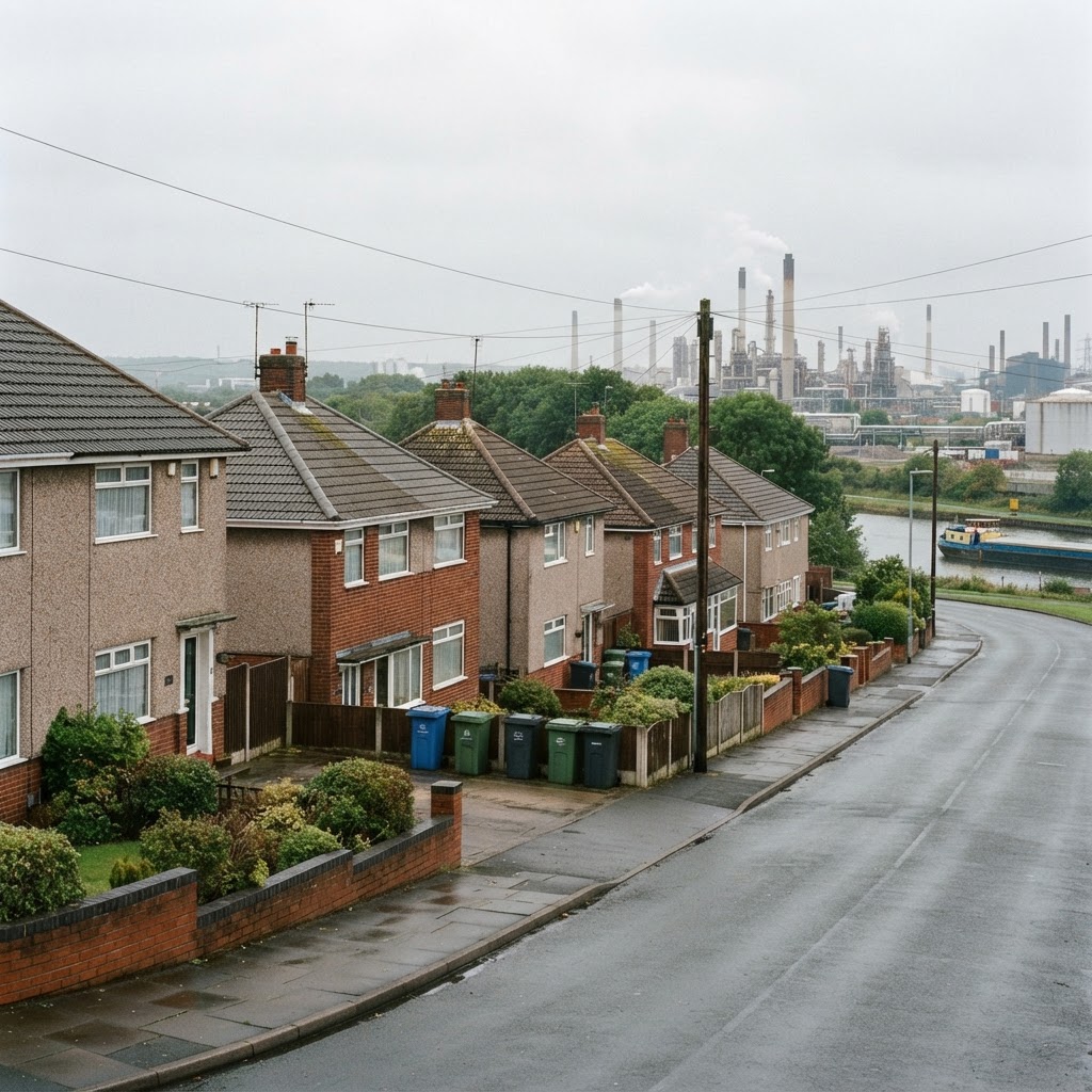Ellesmere Port, Cheshire β post-war suburban housing estates with concrete and clay tile roofs, canal and industrial heritage in the distance