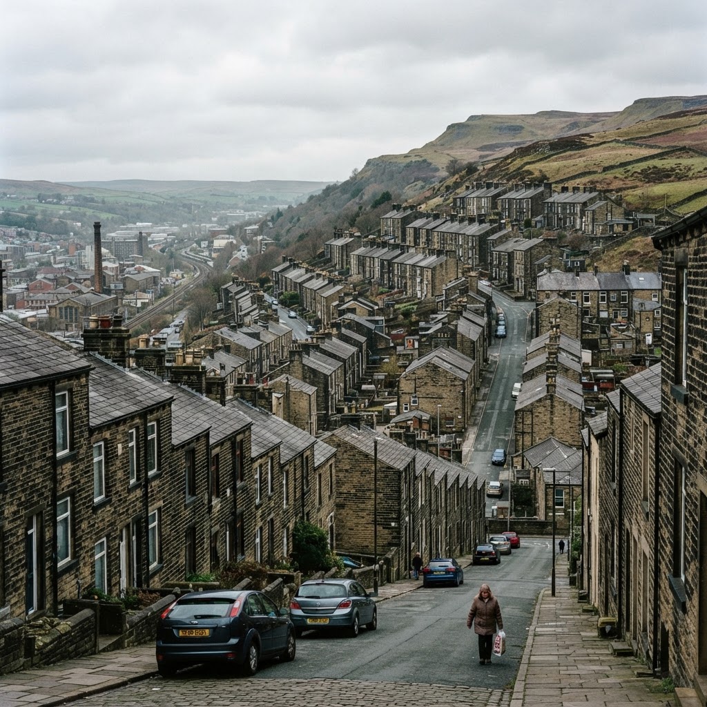 Haslingden, Lancashire, a Rossendale mill town on a Pennine hillside showing stone-built Victorian terraced housing with slate roofs and chimney stacks climbing the slope, the valley below and open moorland above, exposed upland setting