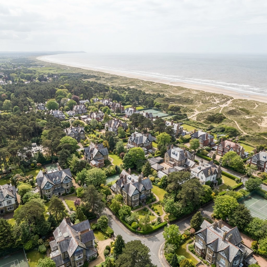 Formby, Merseyside, an affluent coastal village showing large detached Victorian and Edwardian villas with complex pitched slate and tiled roofs set among trees, pine woodland and sand dunes visible towards the Irish Sea