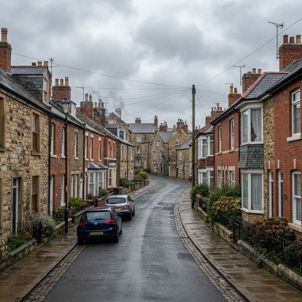 Filey and Malton mix of traditional red-brick and stone-built market town housing, Victorian terraces and 1930s semis with pitched slate and tiled roofs and chimney stacks, market and coastal town streetscape