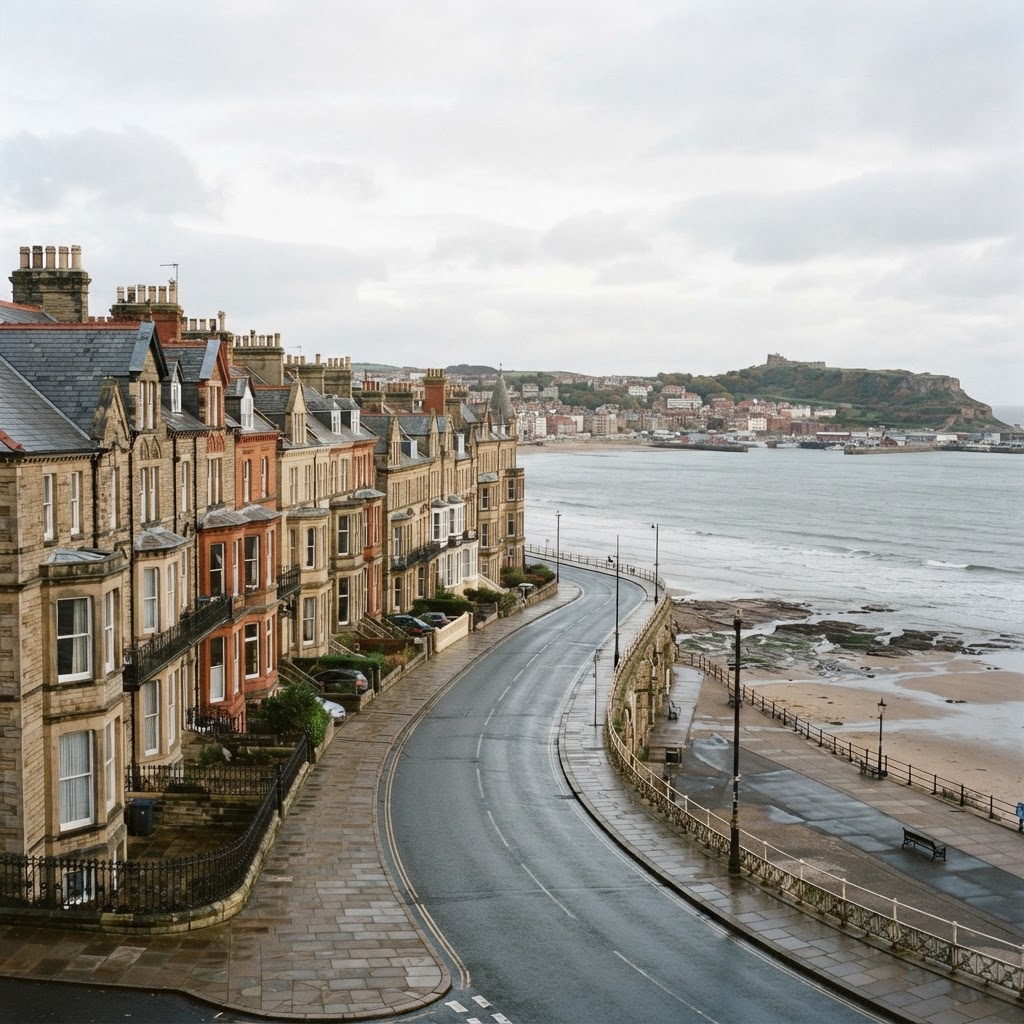 Scarborough Victorian and Edwardian seafront terraced housing and villas with pitched slate roofs and chimney stacks, seaside town streetscape with bay backdrop