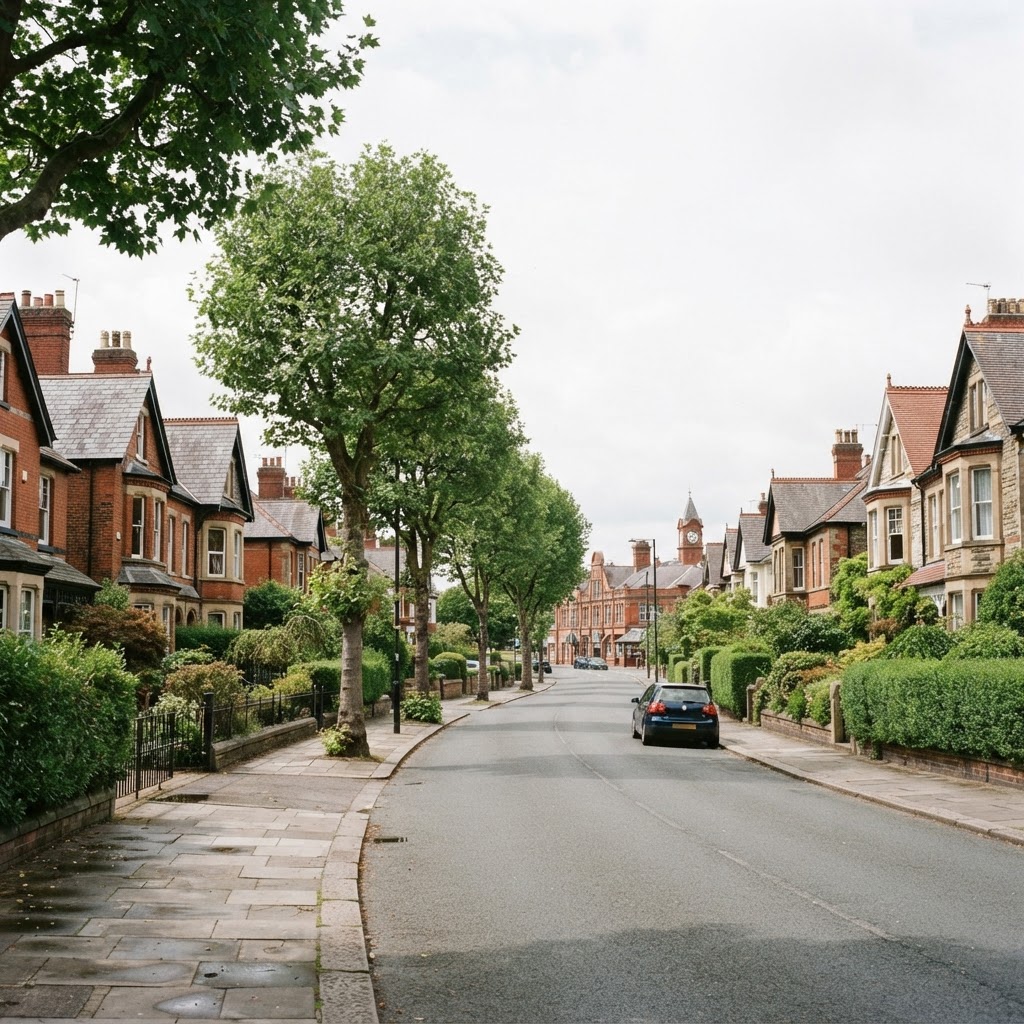 Altrincham, Cheshire, an affluent market town with a mix of period Victorian and Edwardian villas with pitched slate and tiled roofs and chimney stacks, tree-lined suburban streets