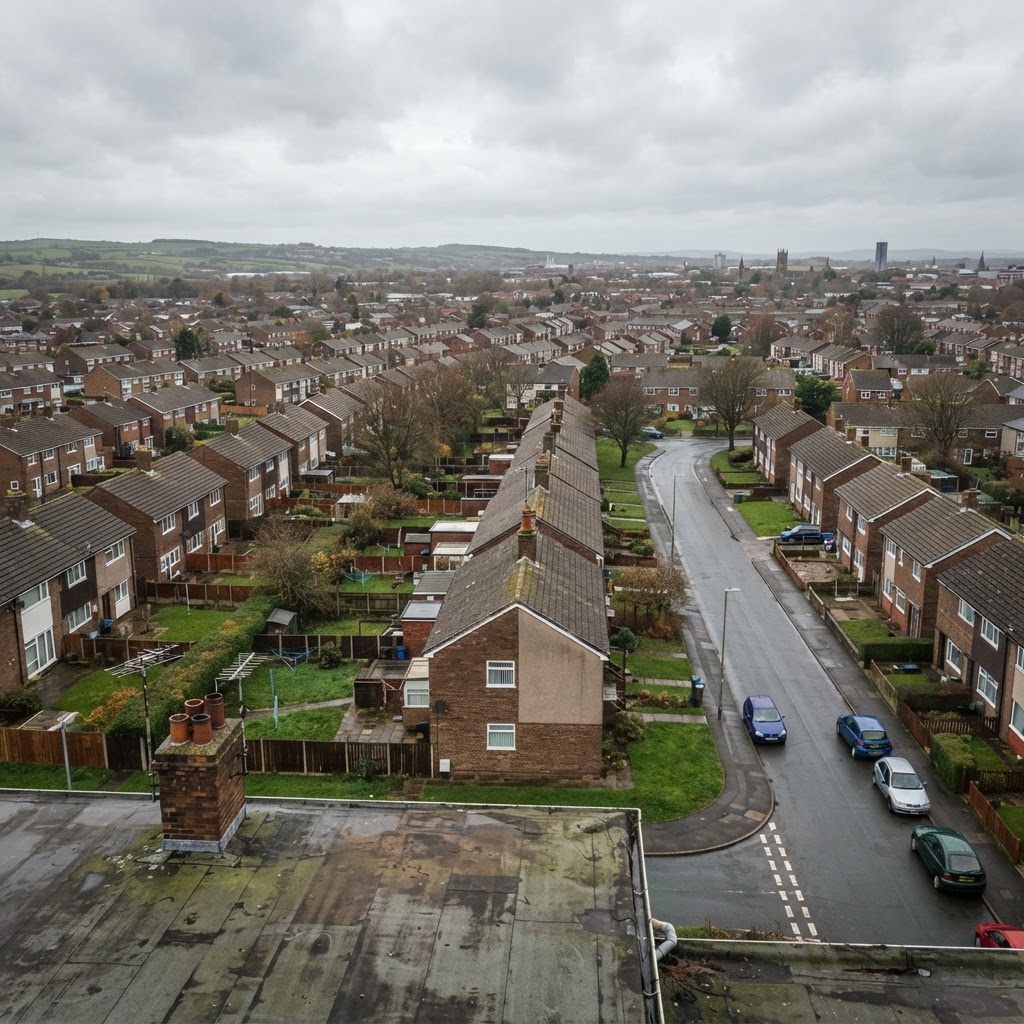 1960s new-town housing estate rooftops in Skelmersdale