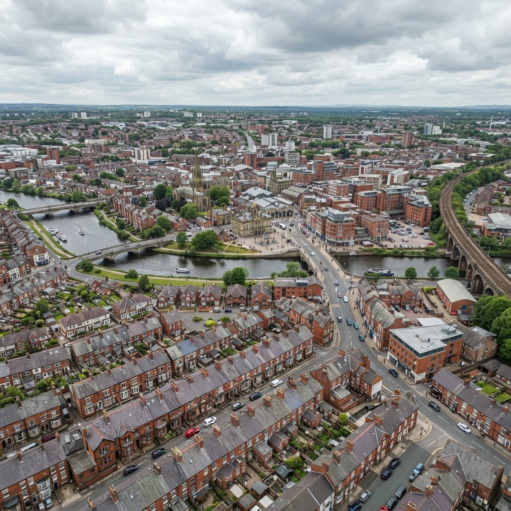 Warrington town centre with the River Mersey, red-brick Victorian and Edwardian buildings, a mix of terraced housing and post-war semis with pitched tiled roofs and chimney stacks