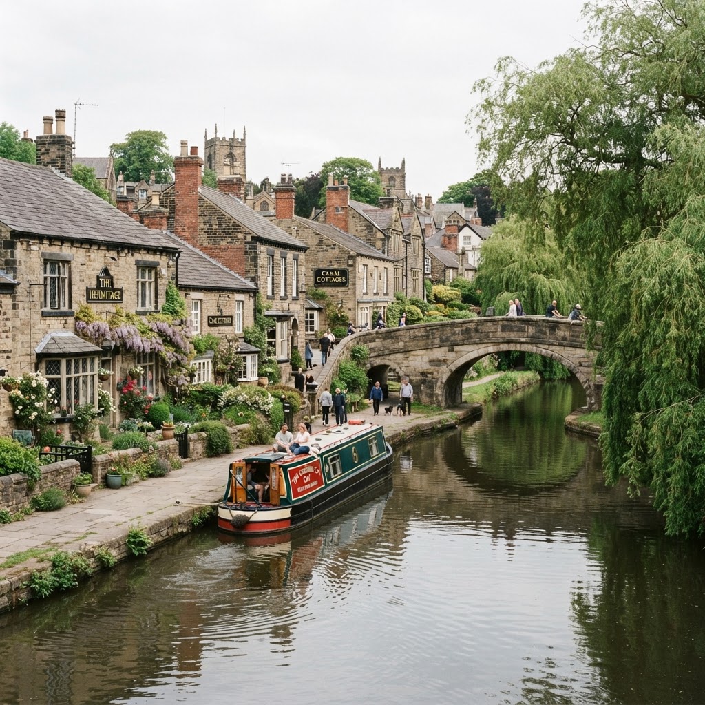 Lymm, Cheshire, a canal-side village showing historic period properties with slate roofs along the Bridgewater Canal, a stone bridge over the water, willow trees and rural Cheshire setting, affluent village character