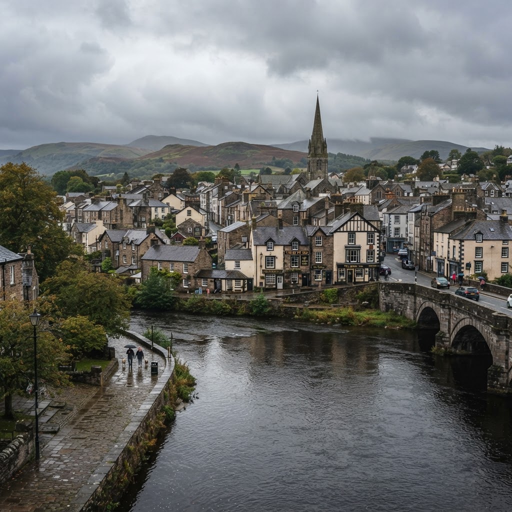 Cockermouth town centre with historic stone-built buildings and slate roofs along the River Derwent