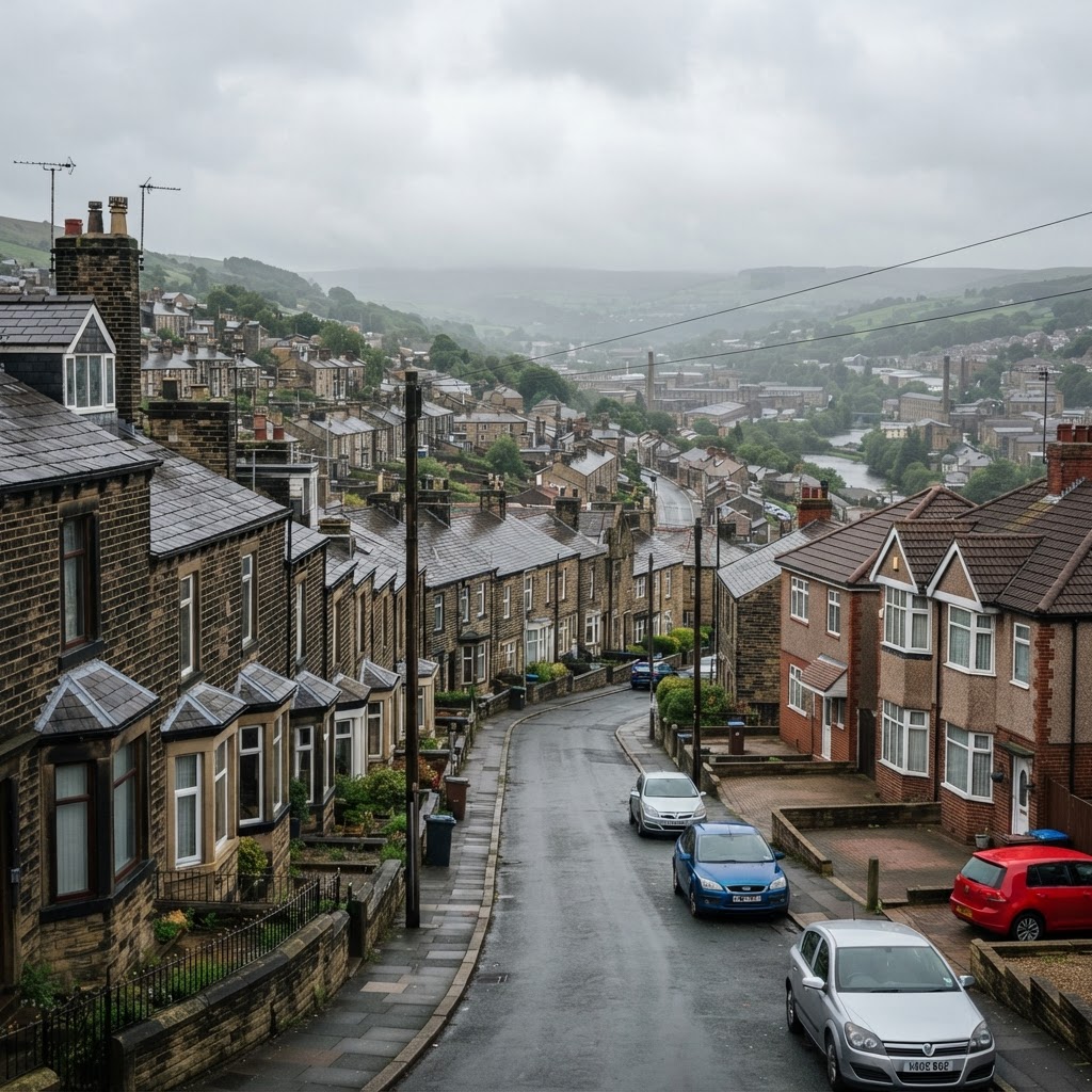 Brighouse, Elland and Rastrick mix of Victorian and Edwardian stone-built and brick-built terraced housing and 1930s semi-detached homes with pitched slate and tiled roofs and chimney stacks, valley town streetscape