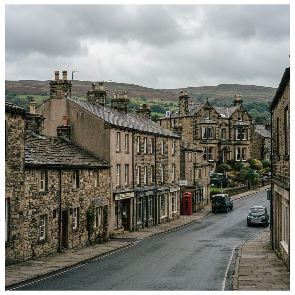 Ilkley, Grassington and Silsden mix of traditional stone-built Dales cottages, Victorian terraces and Victorian spa town villas with pitched slate roofs and chimney stacks, Dales and Wharfedale town streetscape