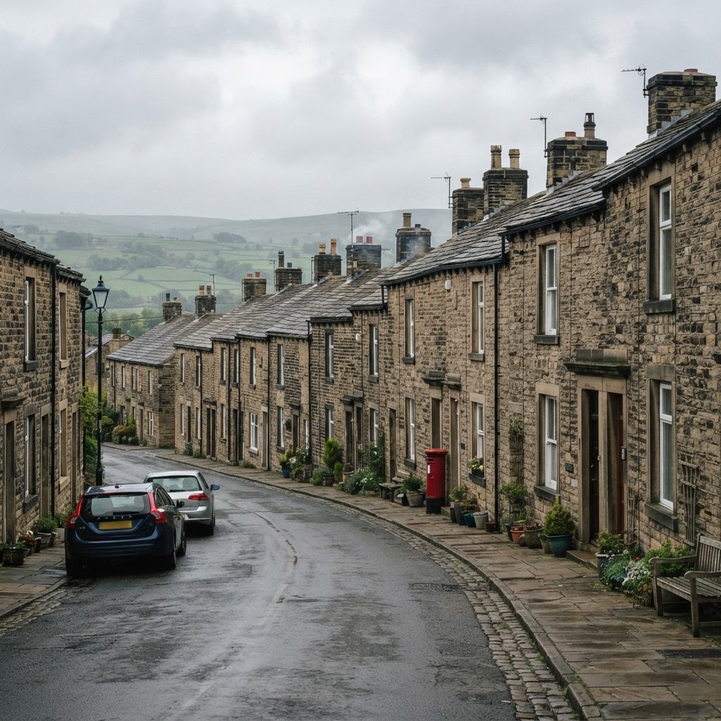 Penistone and Silkstone traditional stone-built Yorkshire cottages and terraced housing with pitched slate roofs and chimney stacks, Pennine foothill village streetscape