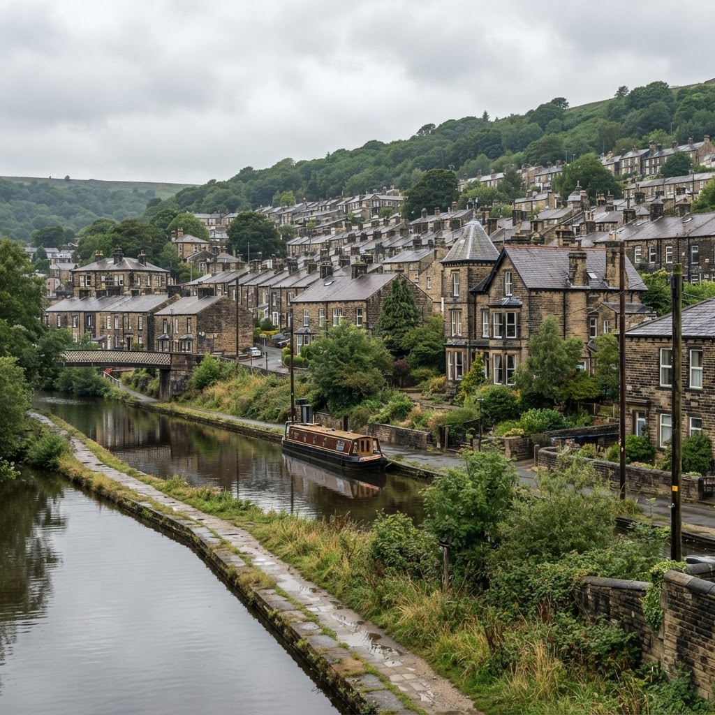 Shipley and Bingley traditional stone terraced housing and Victorian villas with slate roofs along the canal