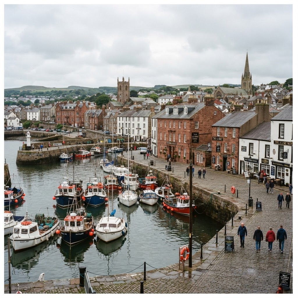 Whitehaven town centre with historic Georgian harbour, red sandstone and white-rendered buildings