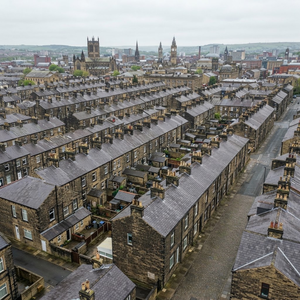 Bradford city centre with rows of Victorian stone-built mill workers' terraced housing with pitched slate roofs and chimney stacks