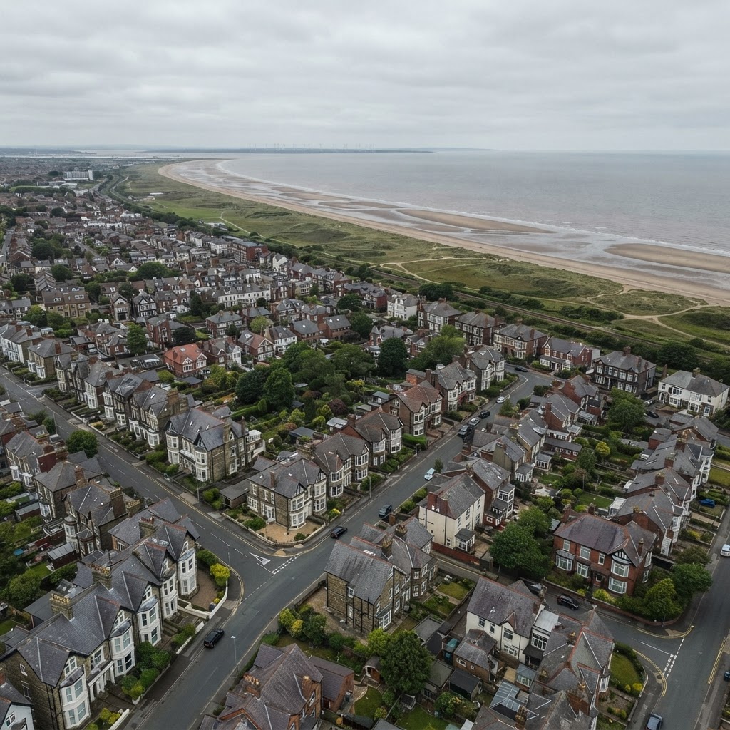 Crosby, Merseyside, a coastal suburb showing Victorian bay-fronted villas and inter-war semi-detached houses with pitched slate and tiled roofs and chimney stacks, the beach and Irish Sea in the distance