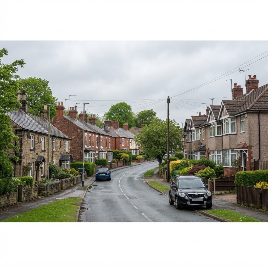 Wickersley, Bramley and Aston mix of traditional brick-built village housing, stone-built cottages and 1930s semi-detached homes with pitched slate and tiled roofs and chimney stacks, suburban village streetscape