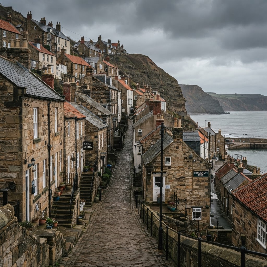 Whitby and Robin Hood's Bay traditional fishing-village stone-built cottages and terraced housing climbing up a steep hillside with pitched slate roofs and chimney stacks, coastal town streetscape