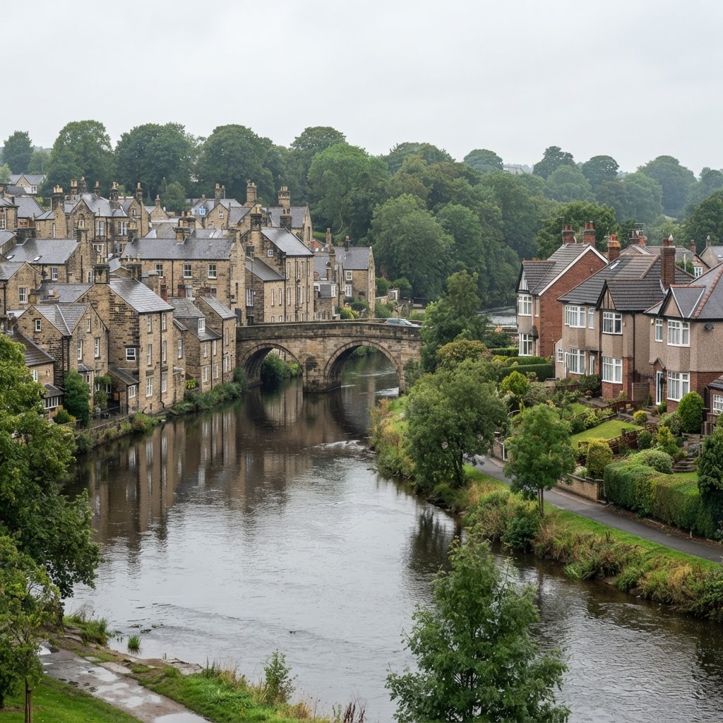 Wetherby mix of stone-built town centre housing and 1930s semi-detached suburban homes with pitched slate and tiled roofs along the River Wharfe