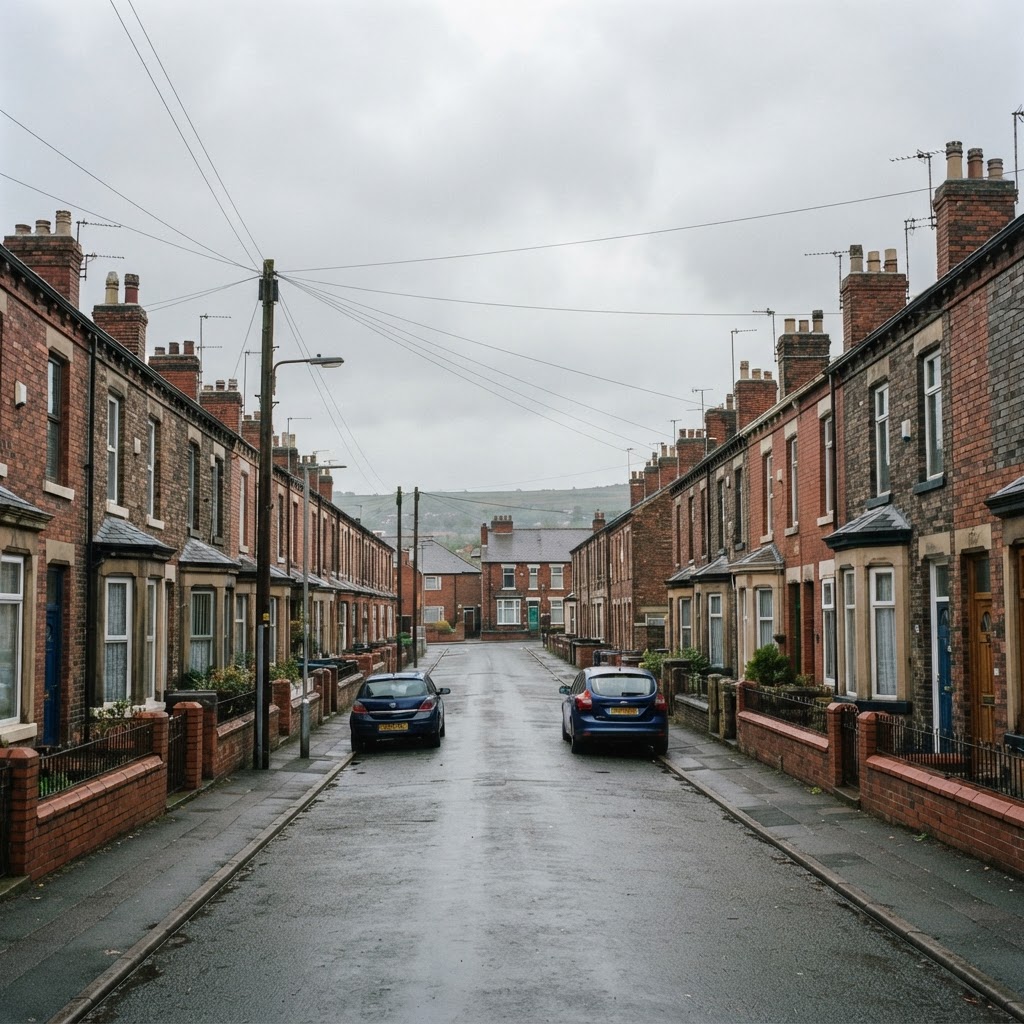 Hoyland, Wombwell and Goldthorpe rows of Victorian and Edwardian brick-built former mining village terraces with pitched slate roofs and chimney stacks, South Yorkshire streetscape