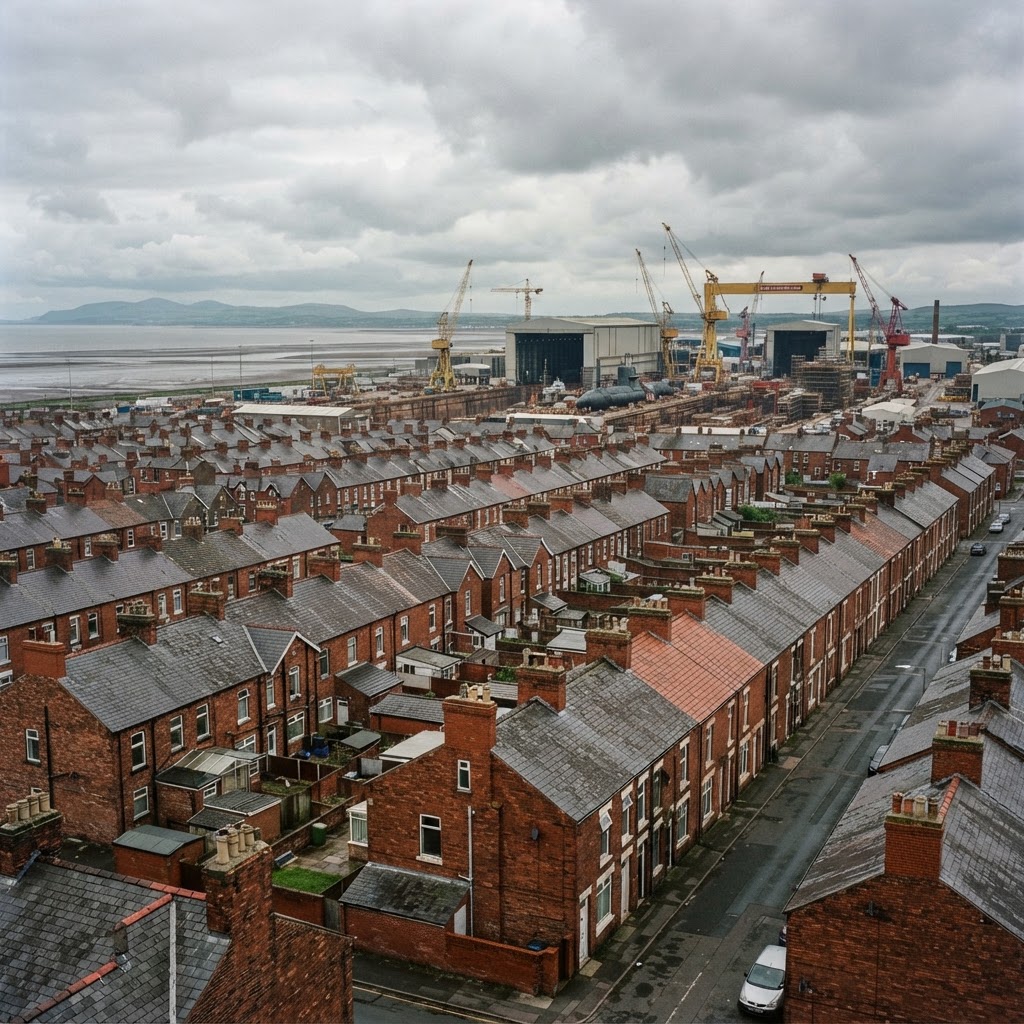 Barrow-in-Furness, Cumbria, an industrial shipbuilding town with rows of red-brick Victorian terraced housing built for the shipyard workers with pitched slate and clay tile roofs and chimney stacks, flat Cumbrian coast