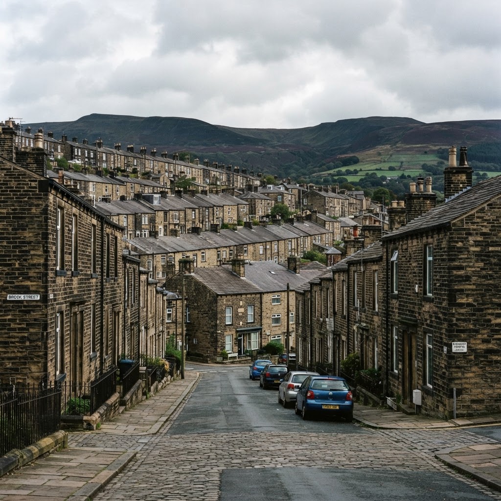 Huddersfield town centre with rows of Victorian stone-built textile mill terraced housing with pitched slate roofs and chimney stacks, Pennine hills behind