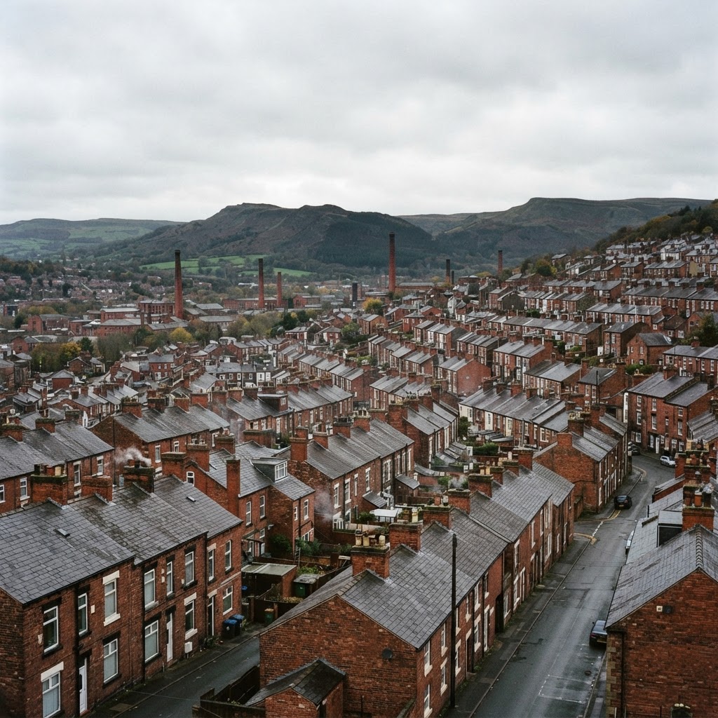 Macclesfield, Cheshire, a former silk mill town on the Cheshire-Pennine fringe with red-brick Victorian terraced housing on rising ground, pitched slate roofs and chimney stacks, mill chimneys in the distance