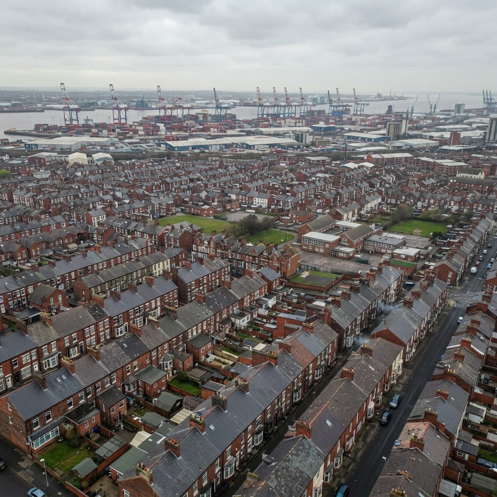 Bootle, Merseyside, showing dense rows of Victorian and Edwardian red-brick terraced housing with slate and tiled pitched roofs and chimney stacks, with the Liverpool dock estate in the background