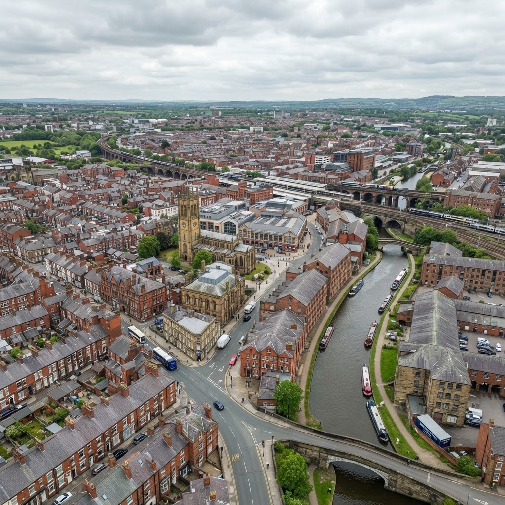 Wigan town centre with the Leeds and Liverpool canal, red-brick Victorian and Edwardian buildings, terraced housing with pitched slate and tiled roofs and chimney stacks
