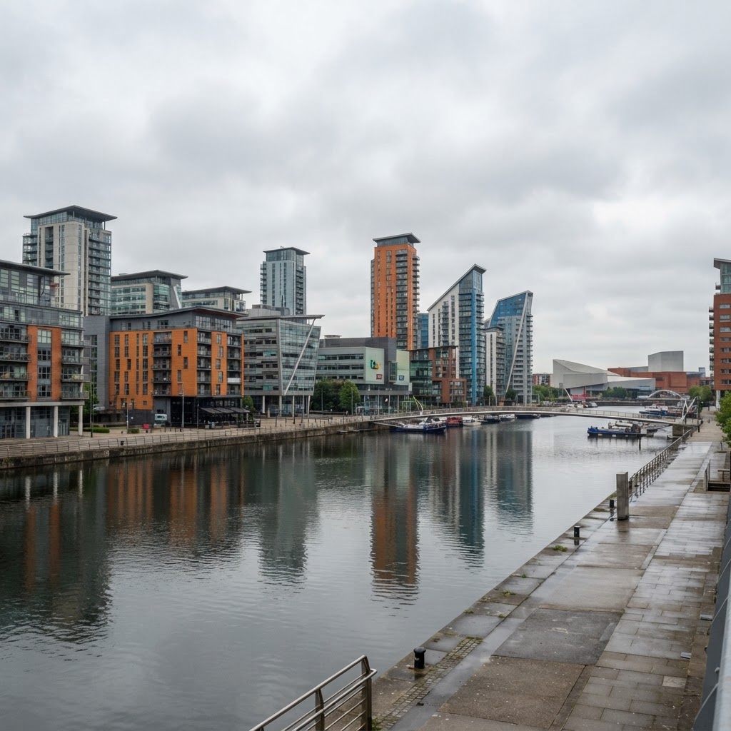 Salford Quays and MediaCity mix of modern waterfront apartment buildings with flat and low-pitch roofs, glass and steel faΓ§ades, regenerated dockland waterfront