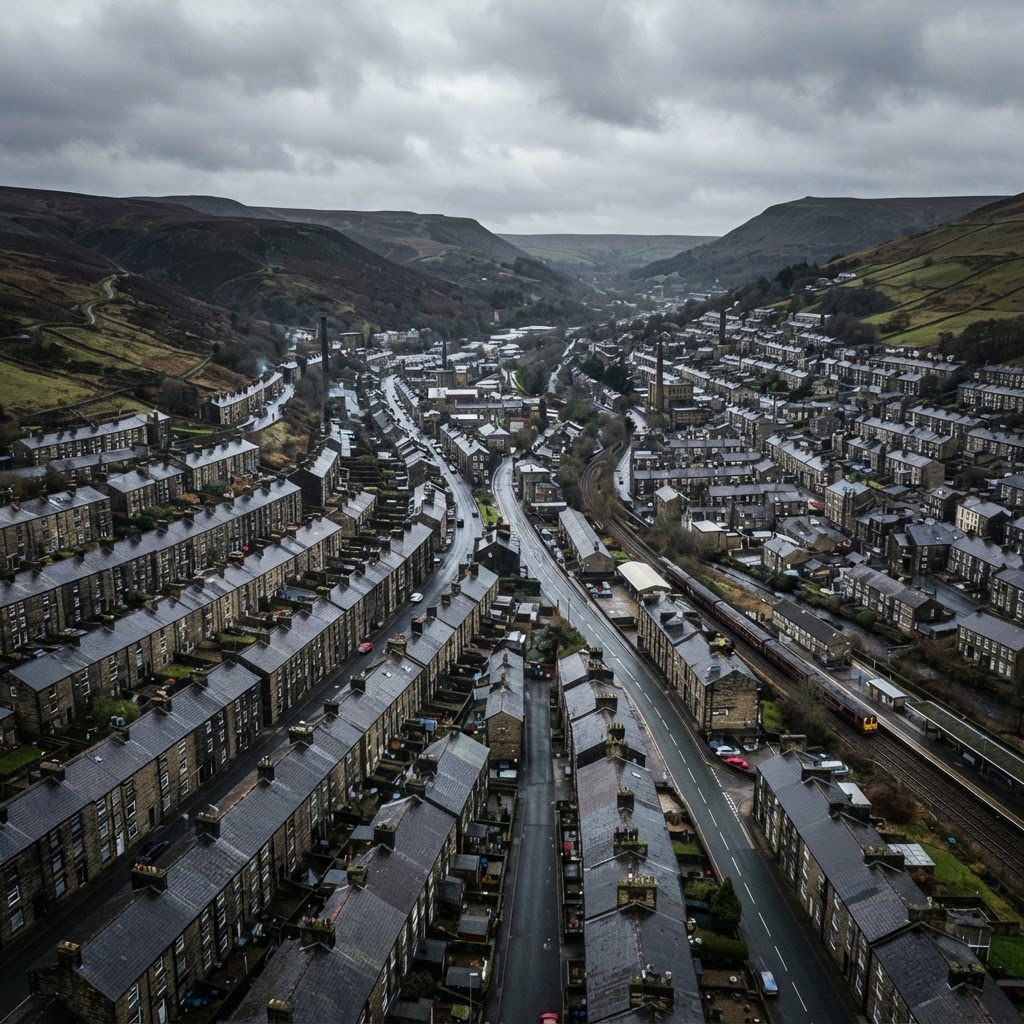Rawtenstall, Lancashire, a Rossendale mill town in a steep Pennine valley showing rows of stone-built Victorian terraced housing with slate roofs and tall chimney stacks, the hills rising steeply on both sides