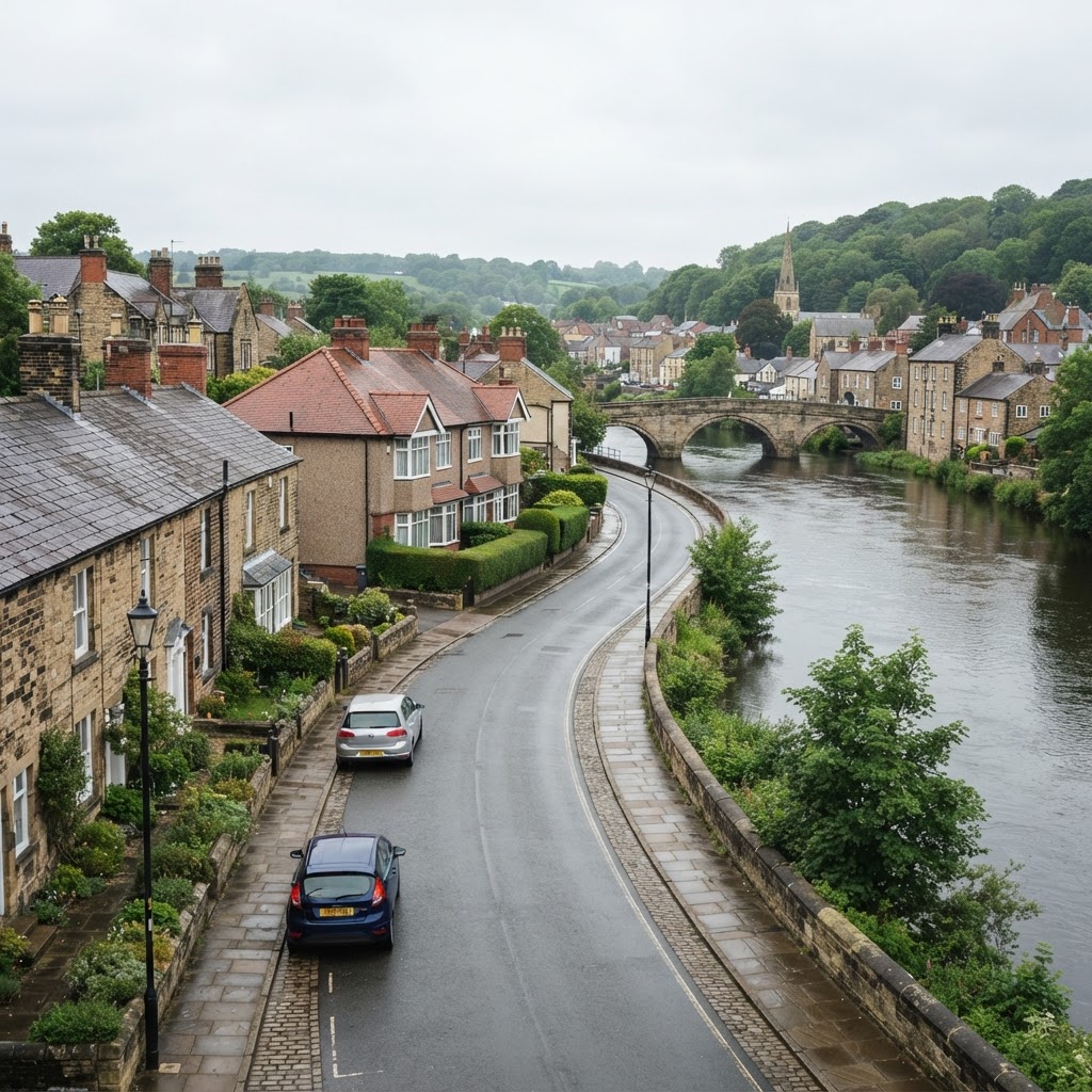 Tadcaster mix of traditional stone and brick-built terraced housing and 1930s semi-detached homes with pitched slate and tiled roofs along the River Wharfe