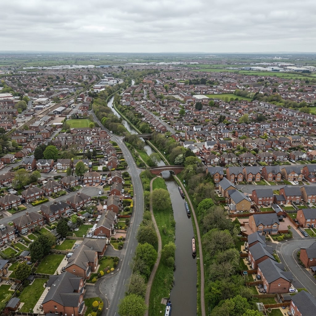 Maghull, Merseyside, a residential suburban town showing post-war semi-detached houses and modern housing estates with interlocking concrete tiled roofs, the Leeds and Liverpool Canal running through the town