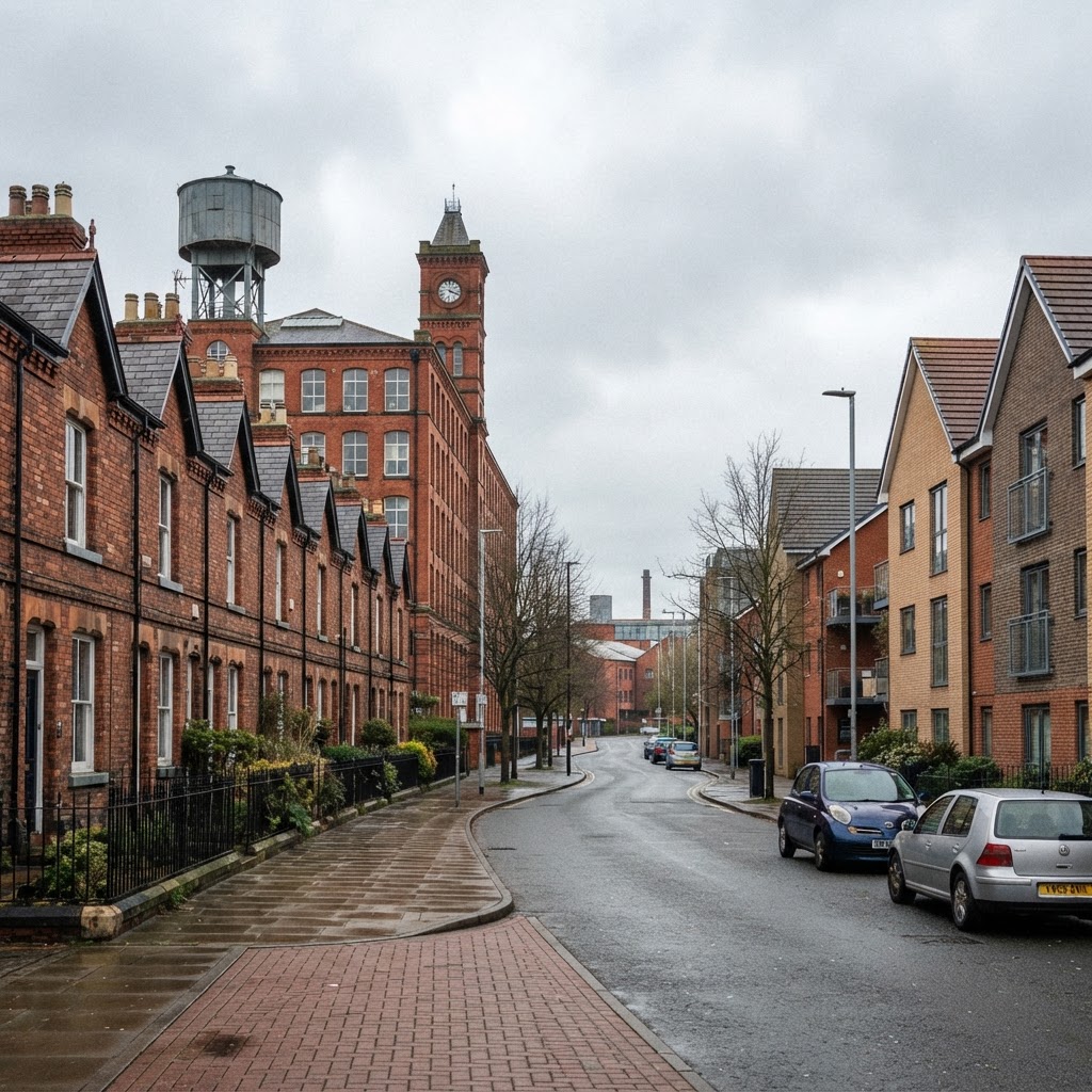 Ancoats, Ardwick and North Manchester mix of restored red-brick Victorian industrial workers' terraces, 19th-century mill housing and post-war housing with pitched slate and tiled roofs and chimney stacks, regenerated urban streetscape