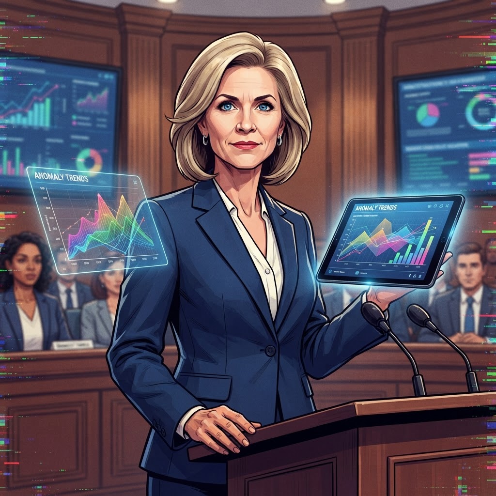 Senator Patricia Vance reviews findings on systemic rendering latency at the Senate Tech Oversight briefing.