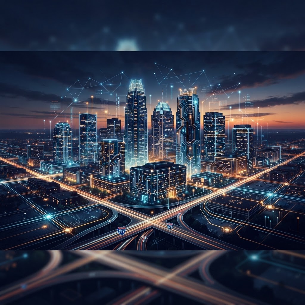 The Charlotte skyline as viewed through an analytical filter, revealing what some experts believe is the underlying grid structure of the simulation.