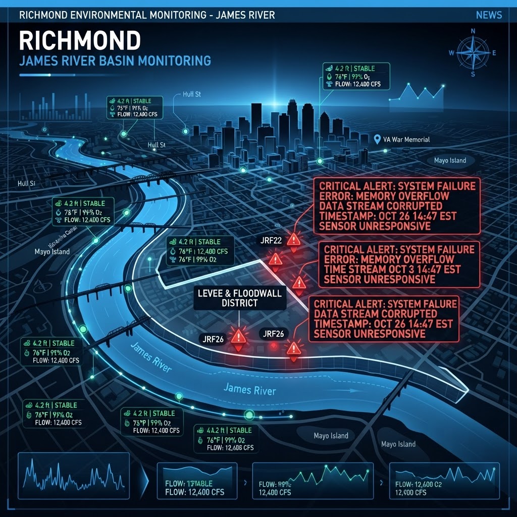 System diagnostics from the James River Watershed Bureau, indicating a critical bottleneck in the simulation's environmental rendering.