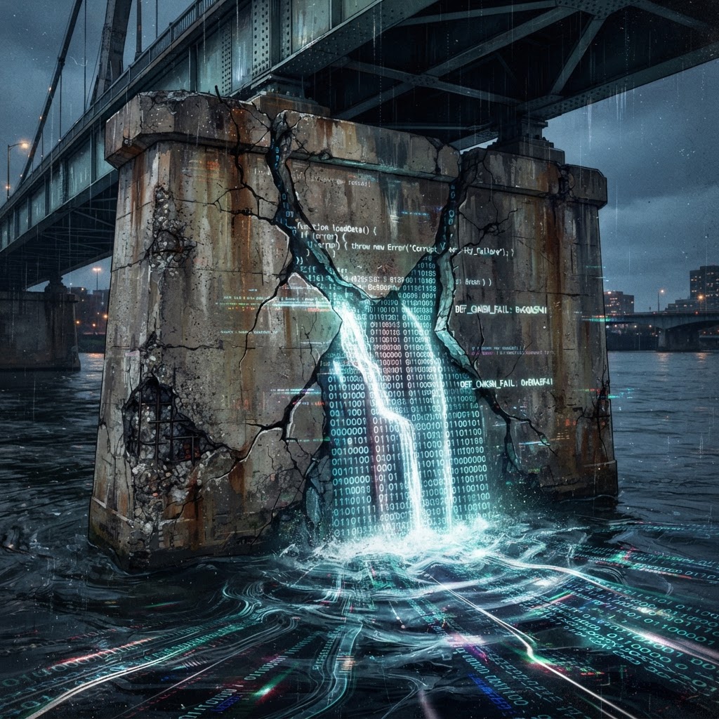 Sensor data indicates that the physical matter of the bridge is being replaced by synthetic information strings.