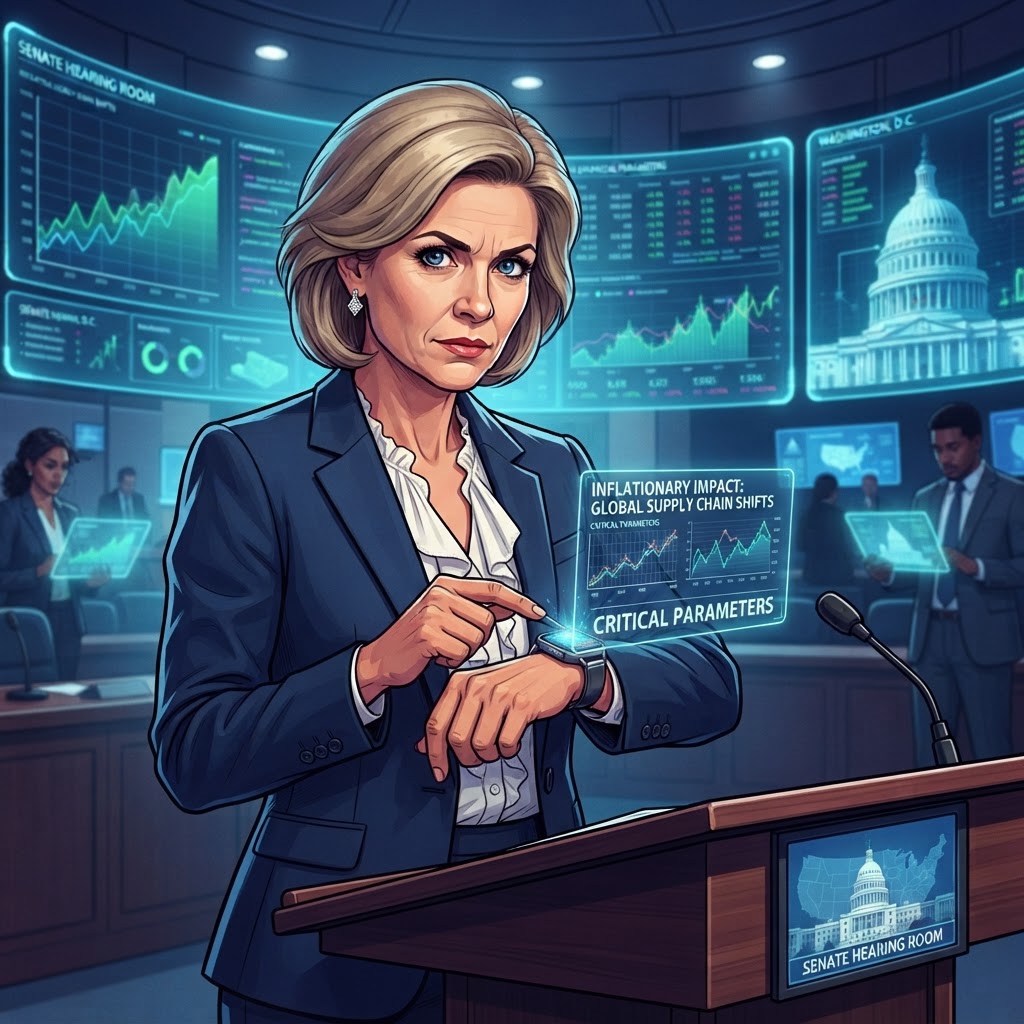 Senator Patricia Vance reviews confidential reports on logistical stability.