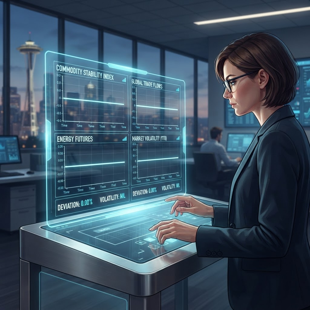 Traders monitor the flat-line anomalies appearing on the Seattle Mercantile Exchange monitors.