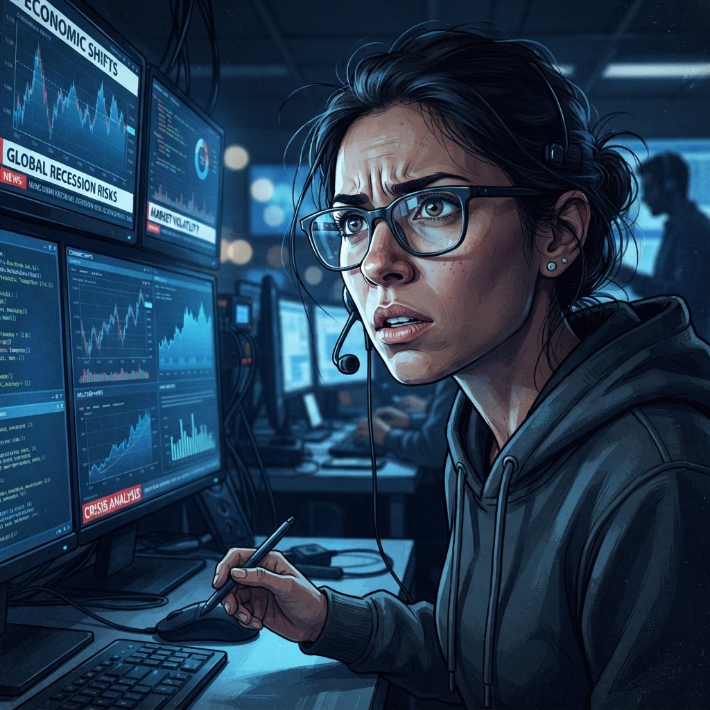 Dr. Elena Vance monitoring real-time grid stability data that defies standard economic forecasting.