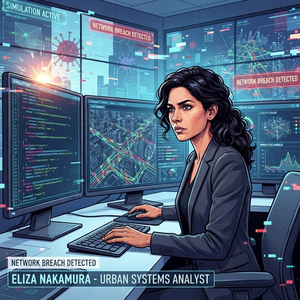 Dr. Eliza Nakamura tracking the data bleed between municipal emergency grids and overseas military reports.
