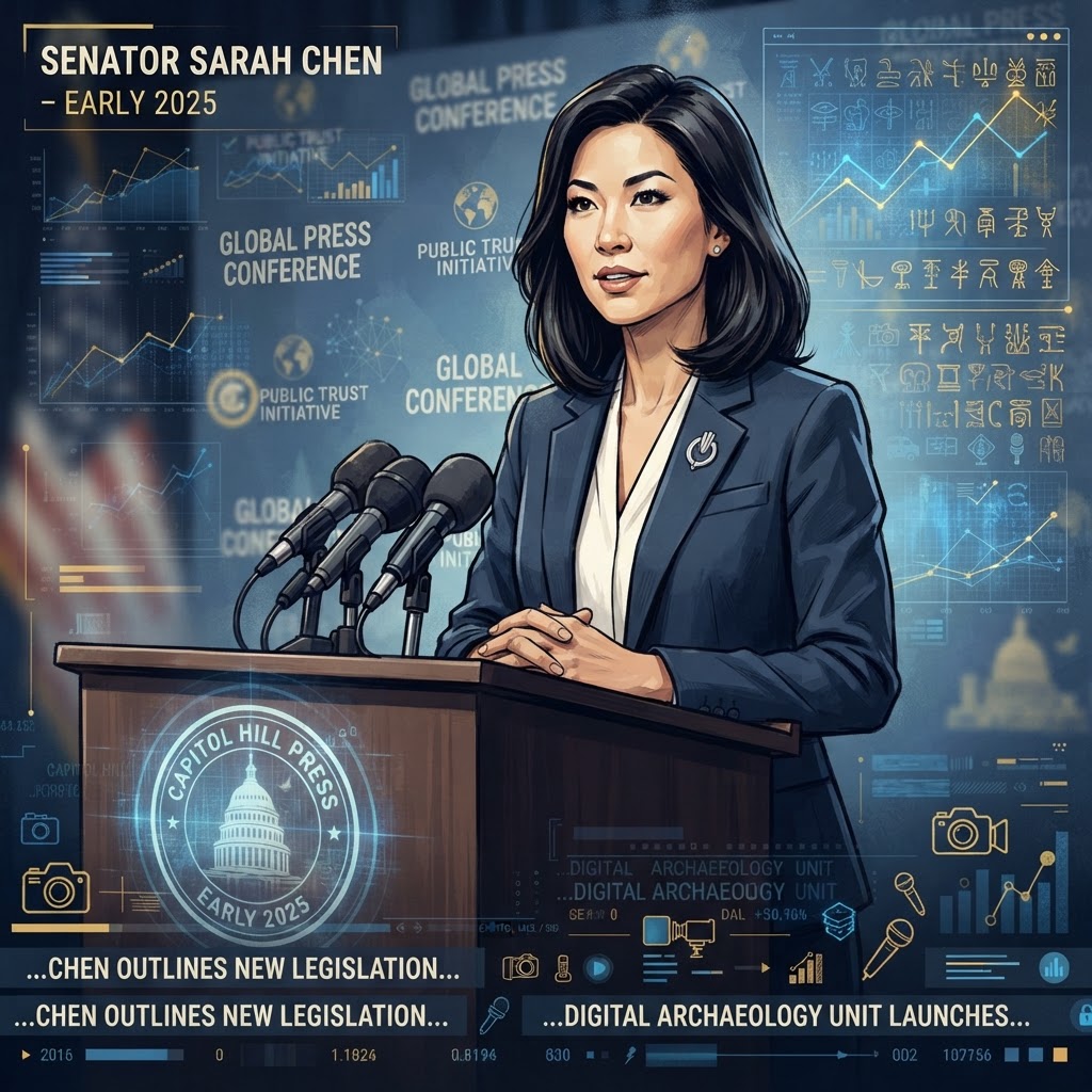 Senator Sarah Chen during the early stages of her political career, whose image-breach served as a catalyst for the verification industry.