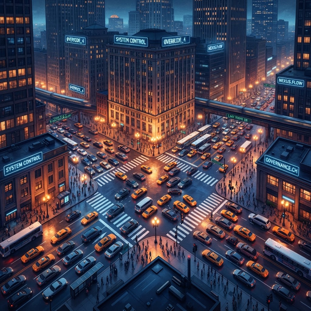 The grid of Chicago reveals unnatural, repeating patterns in traffic flow, mirroring the 'recursive' nature of current AI governance protocols.