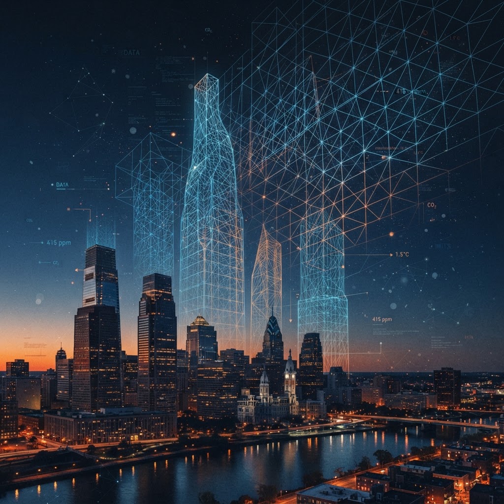 The city skyline begins to transition into computational data points as load limits are hit.