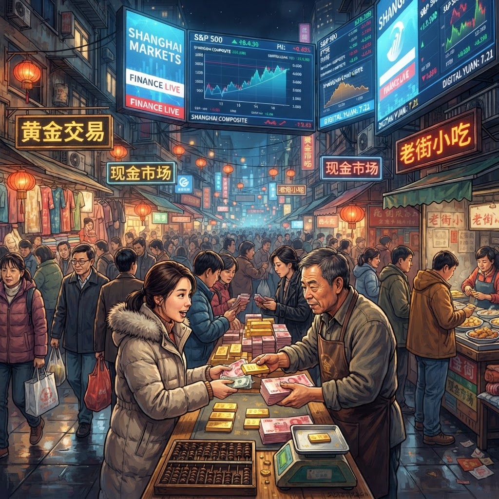 While digital markets fluctuate in a loop, the physical street economy in Shanghai shifts toward tangible, non-digital assets.