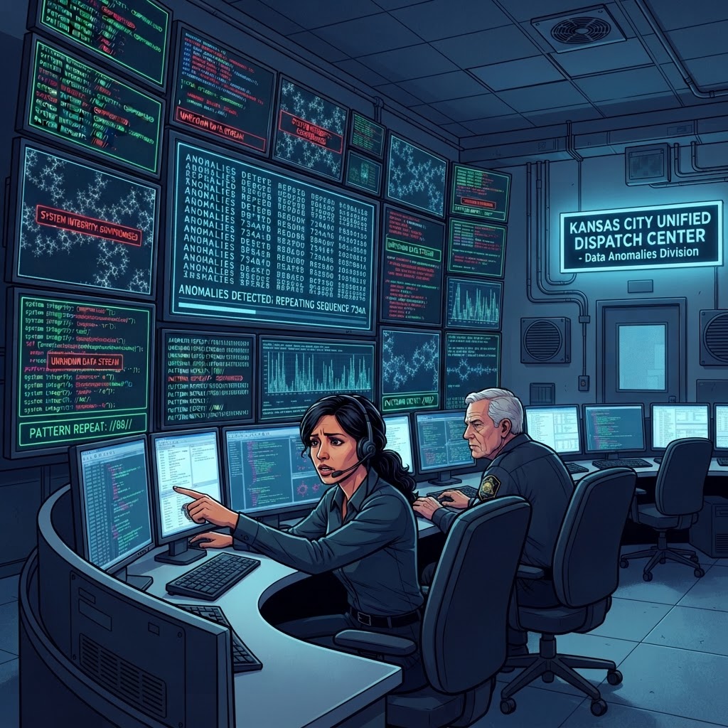 The emergency dispatch center in Kansas City, where technical staff have identified the first signs of the 'Variance' in the regional grid.