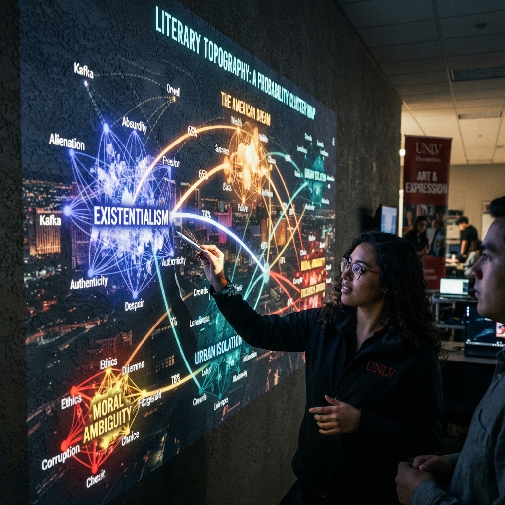 Researchers at UNLV display data mapping that allegedly links literary acclaim to systemic narrative stabilization.